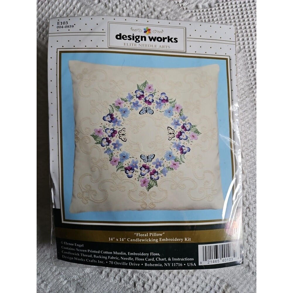 E103 DESIGN WORKS Candlewicking Embroidery Kit 14X14 Floral Pillow Elenor Engle